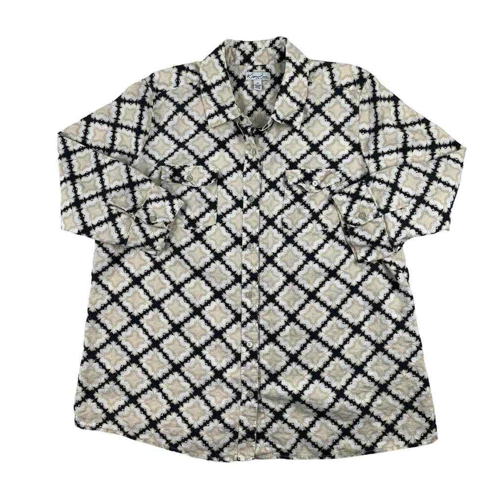 KIM ROGERS Womens 1X Linen Button Up Shirt Black Cream Pattern Roll Tab Sleeve